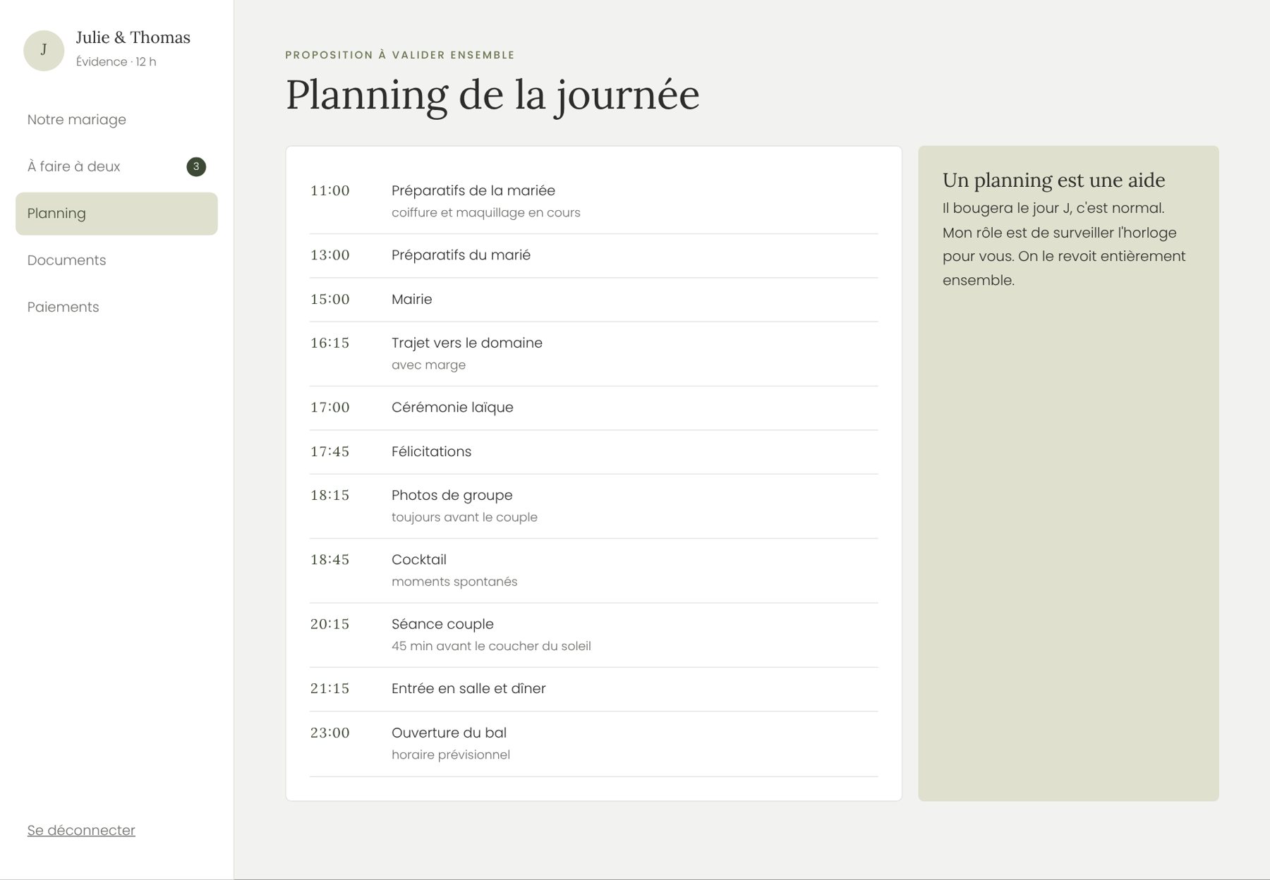 Le planning de la journée