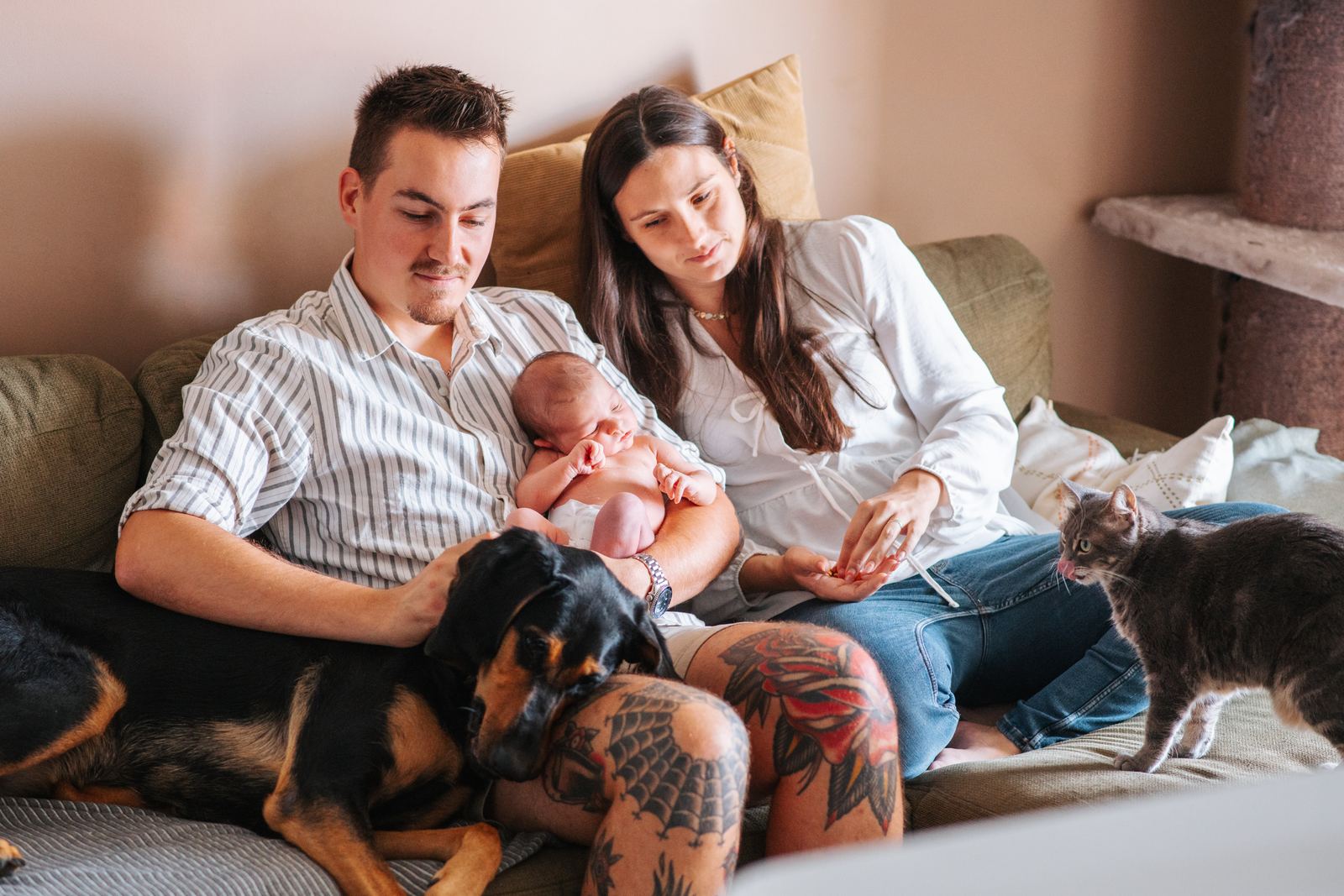 Parents, nouveau-né et chiens de la famille réunis sur le canapé