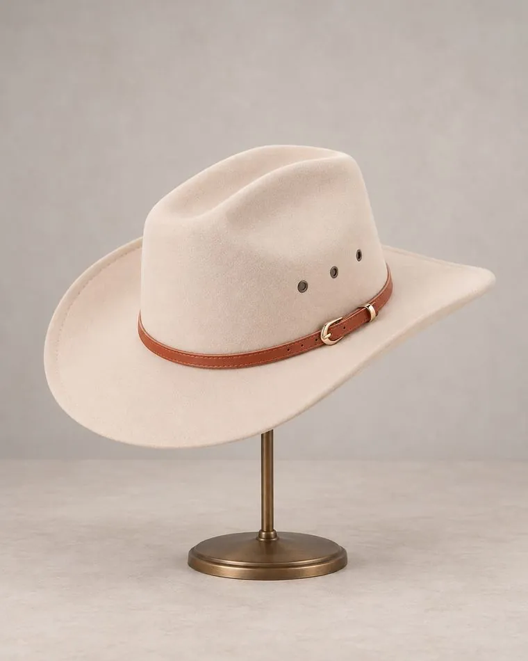 Chapeau de cowboy crème, sur mannequin