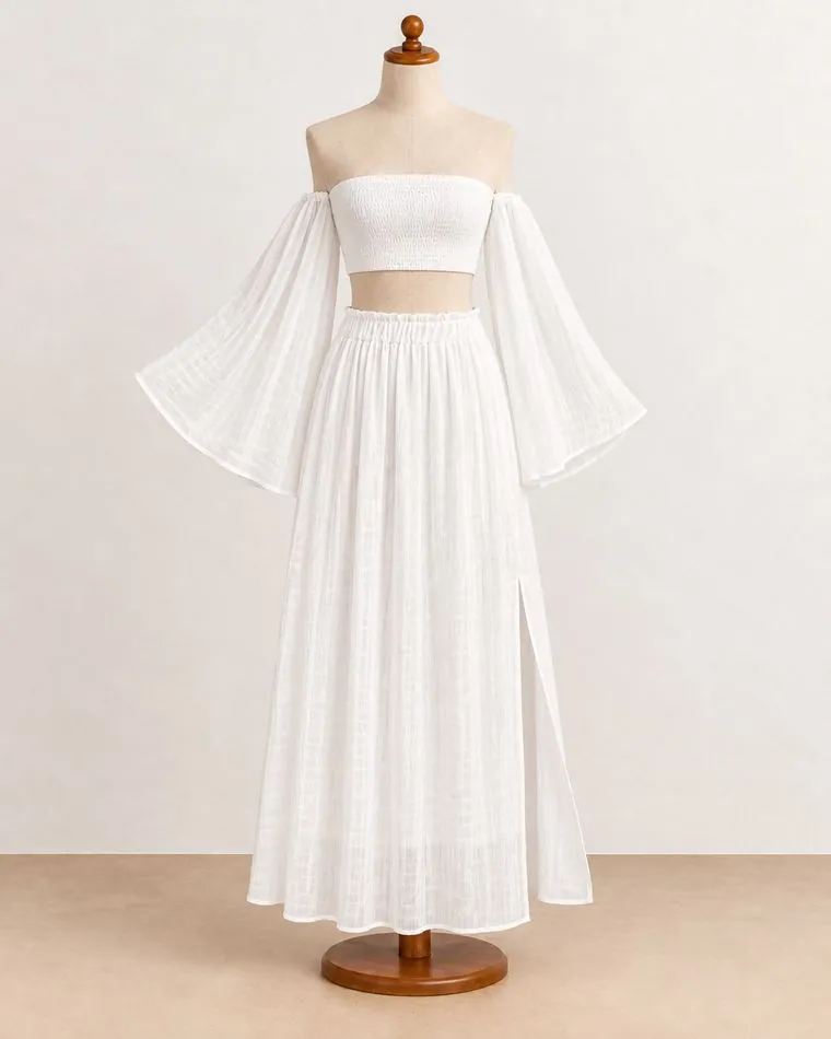 Ensemble blanc bandeau & manches, sur mannequin