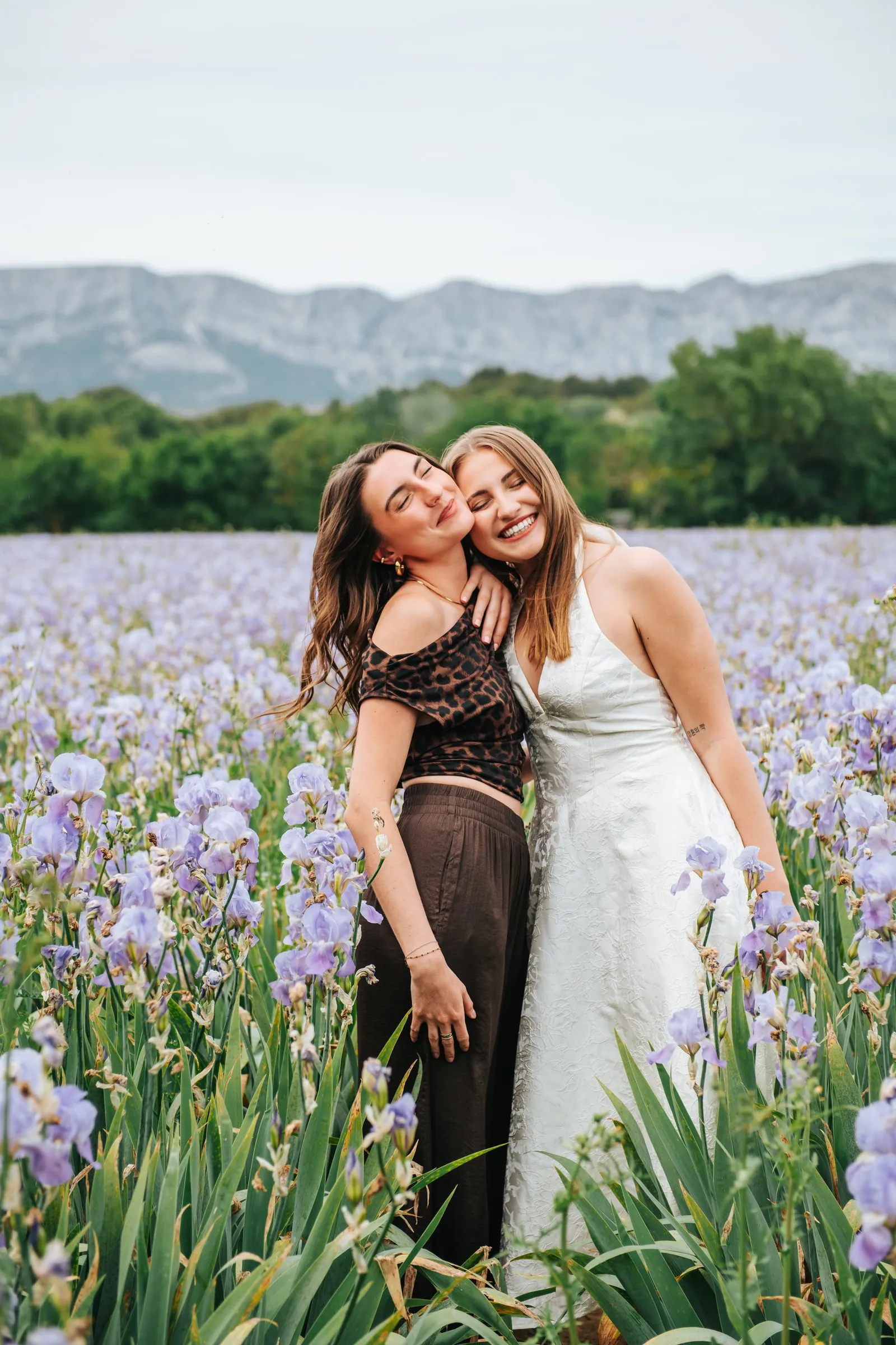 EVJF dans un champ d'iris près d'Aix-en-Provence : la future mariée et son amie, joue contre joue