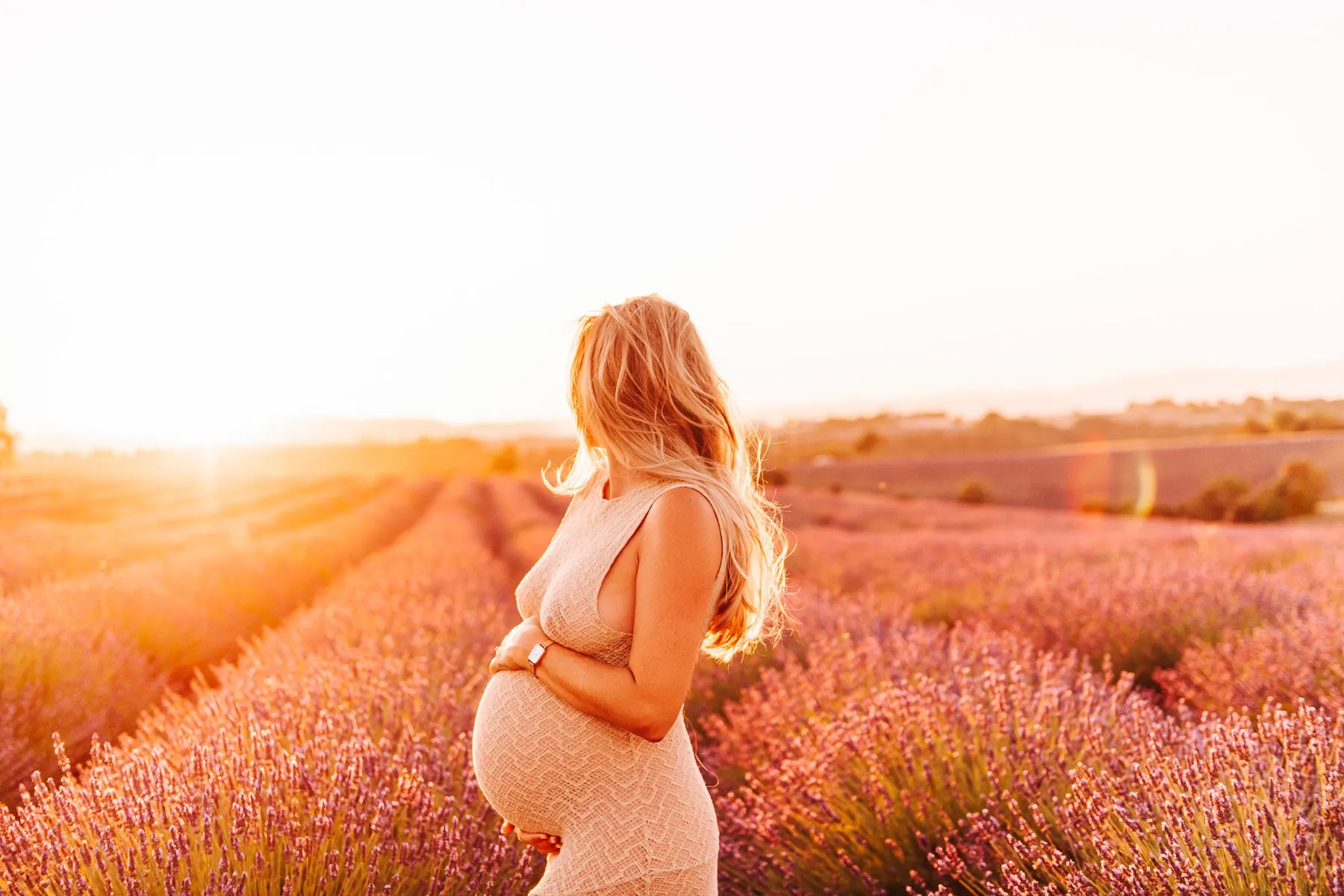 Séance grossesse dans un champ de lavande en Provence : future maman de profil au coucher du soleil