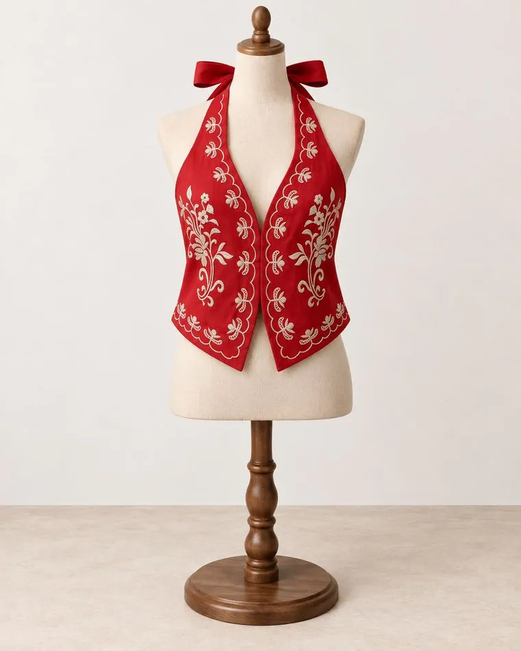 Gilet rouge brodé, sur mannequin