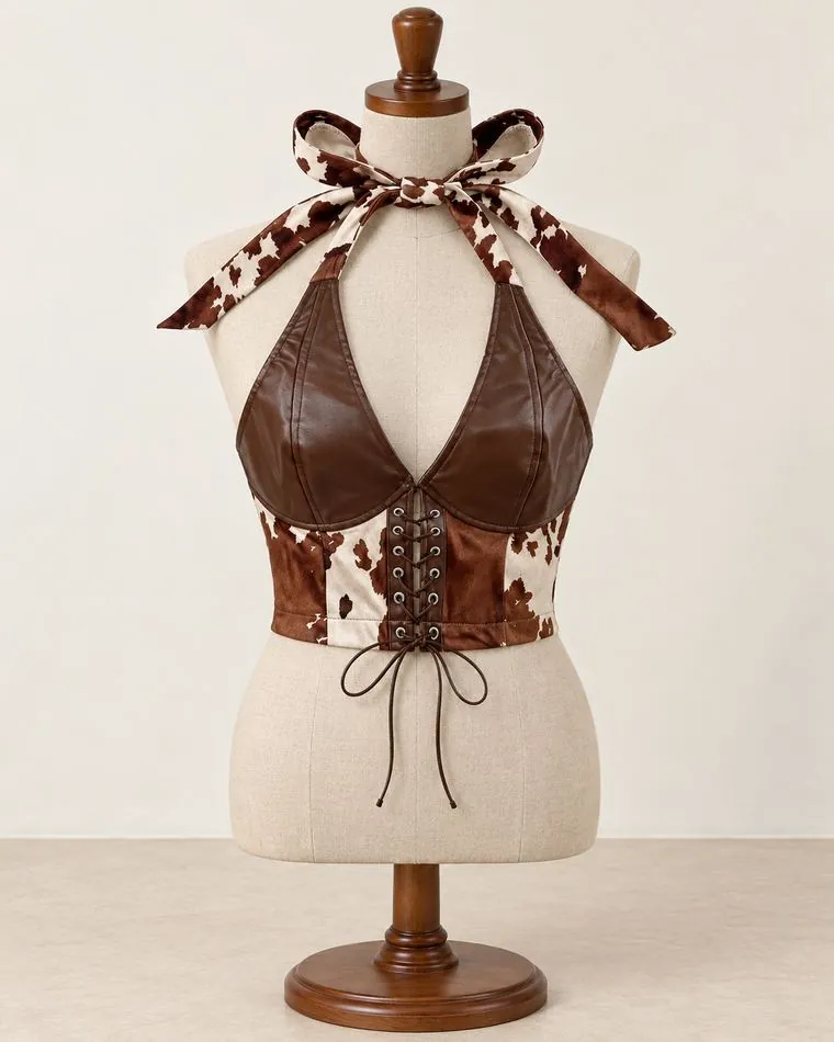 Haut dos nu cuir & vache, sur mannequin