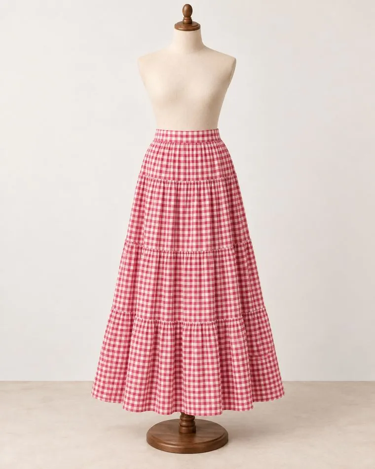 Jupe longue vichy rouge, sur mannequin
