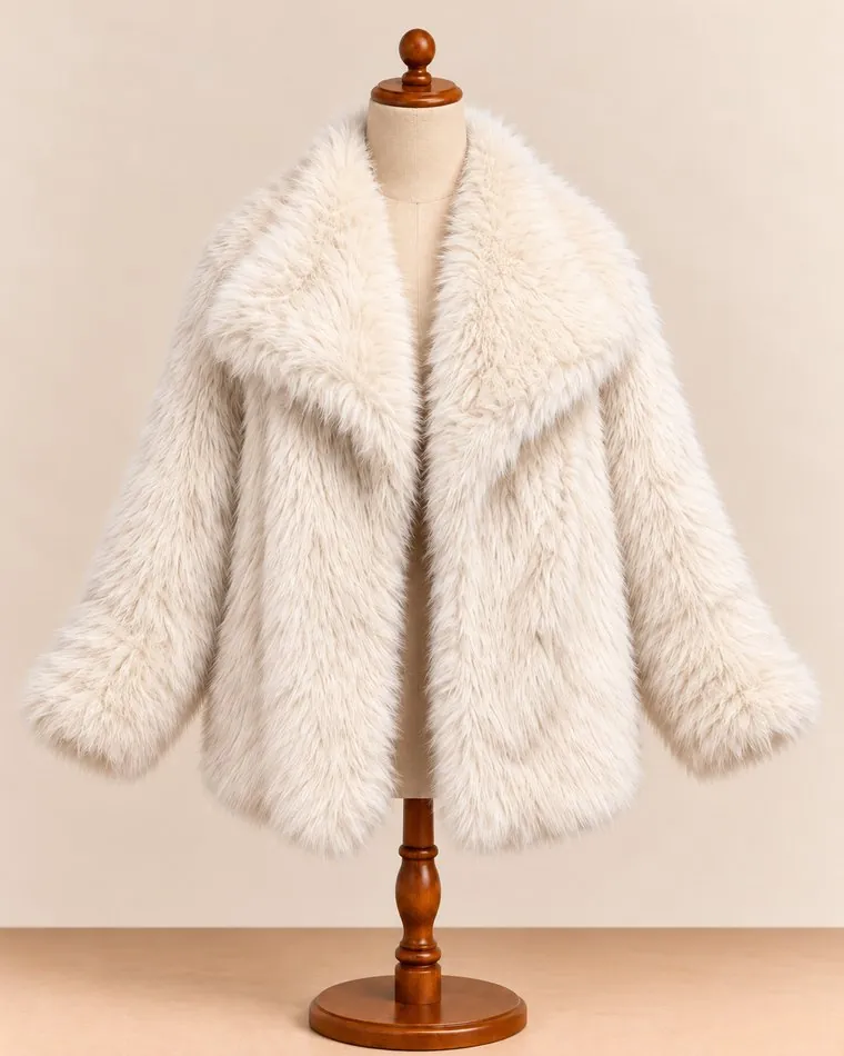 Manteau en fausse fourrure crème, sur mannequin
