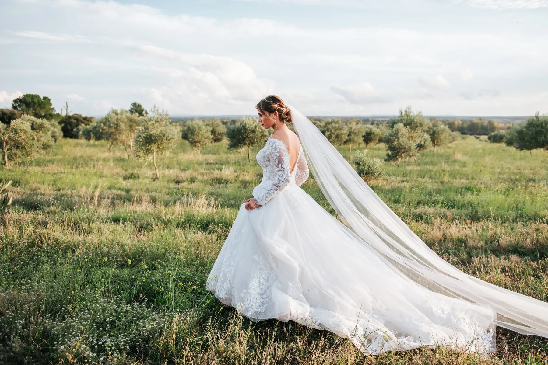 La mariée marche dans un champ des Alpilles, son long voile derrière elle