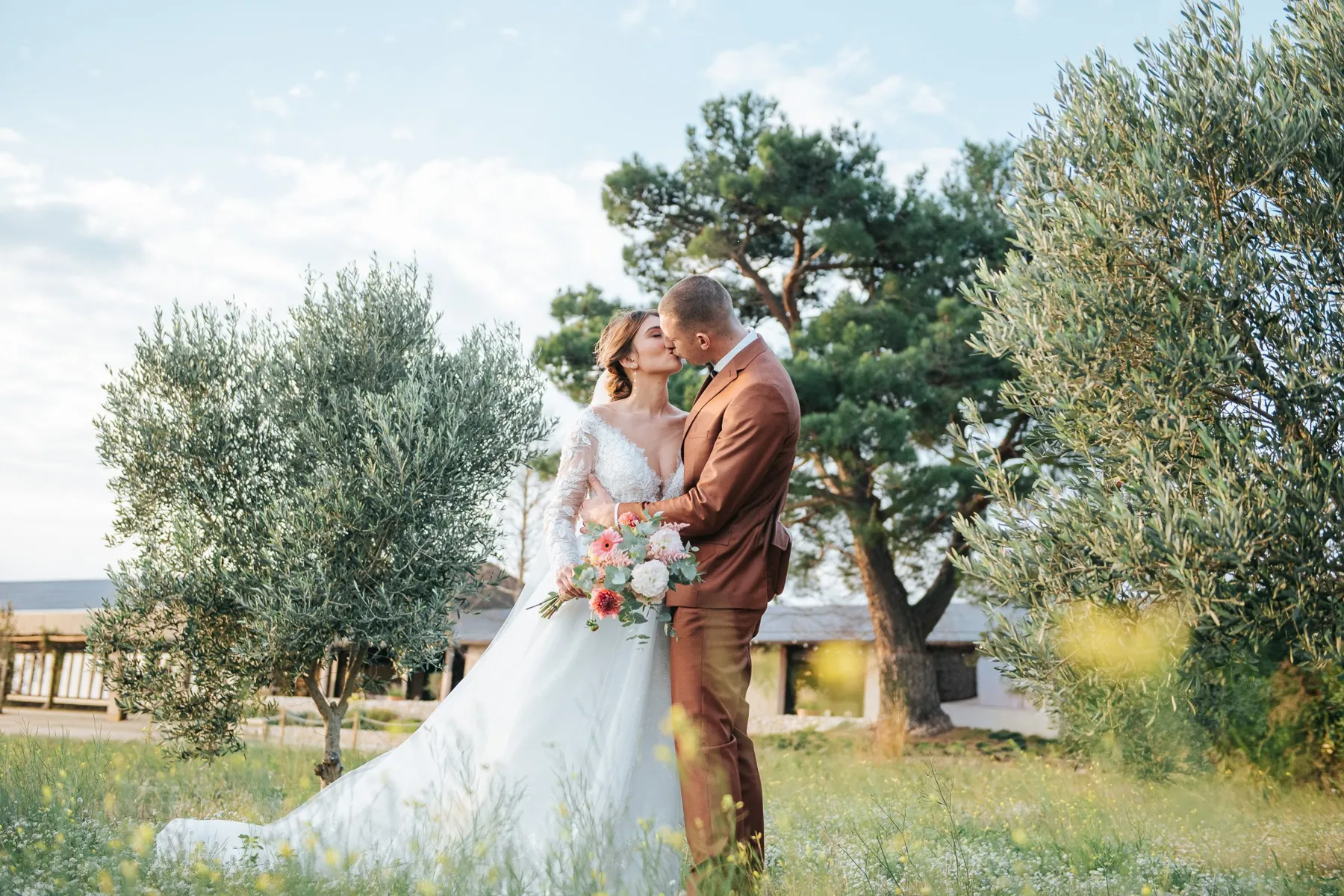 Mariage dans les Alpilles : les mariés s'embrassent entre les oliviers et un grand pin