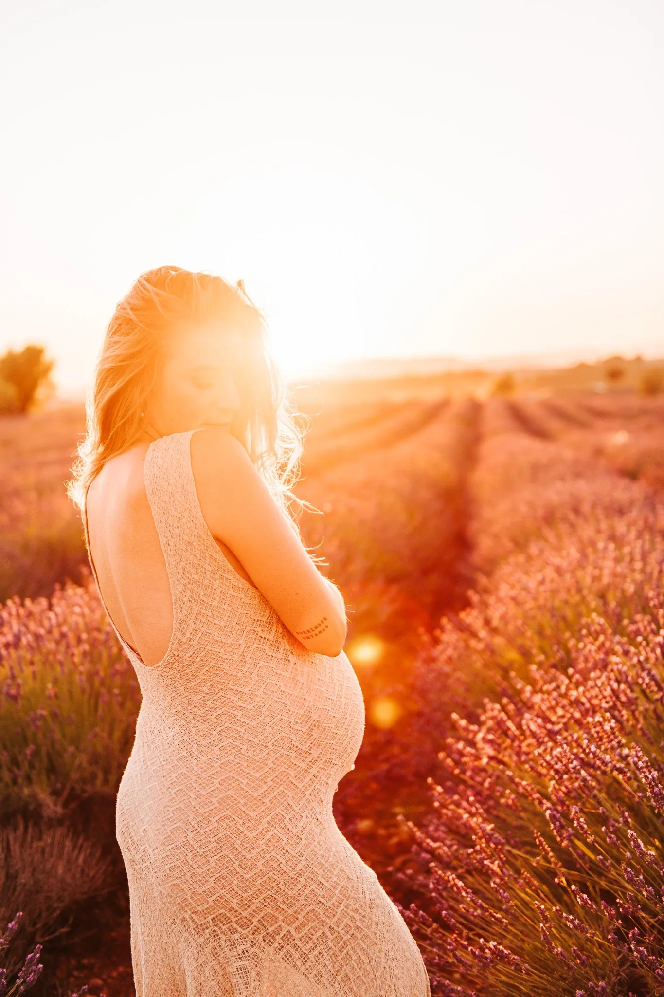 Maternity session in a Provence lavender field: mum-to-be in profile at sunset