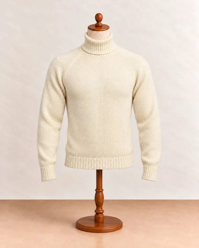Pull col roulé crème, sur mannequin
