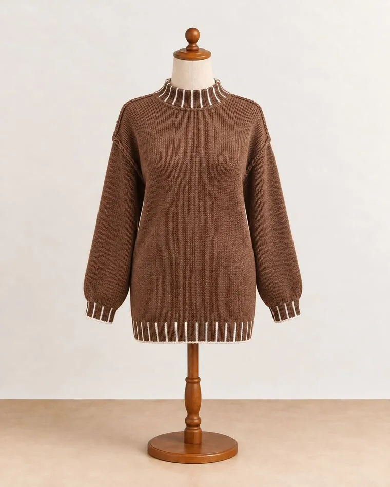 Pull oversize chocolat, sur mannequin