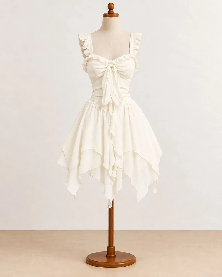 Robe blanche asymétrique, sur mannequin