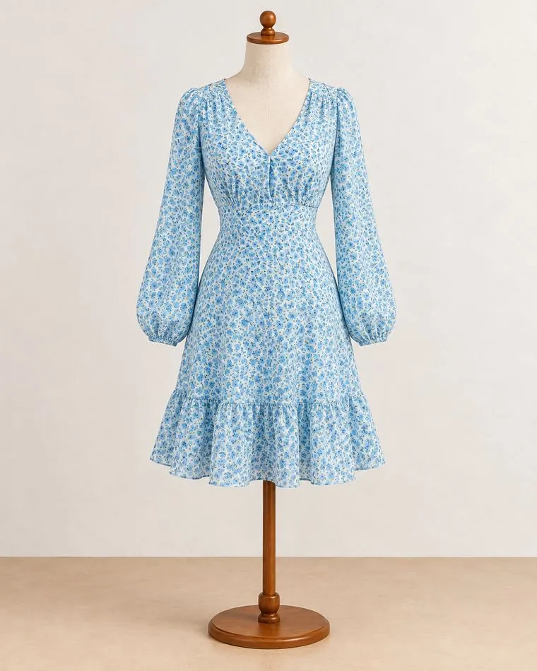 Robe bleue à fleurs, sur mannequin