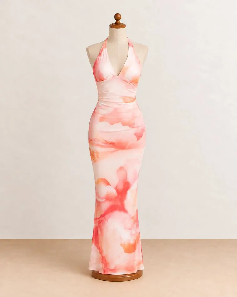 Robe longue aquarelle corail, sur mannequin
