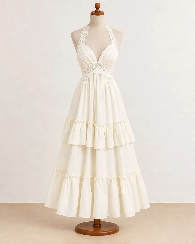 Robe longue blanche à volants, sur mannequin