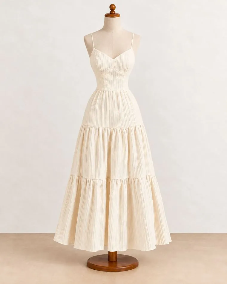 Robe longue crème à bretelles, sur mannequin