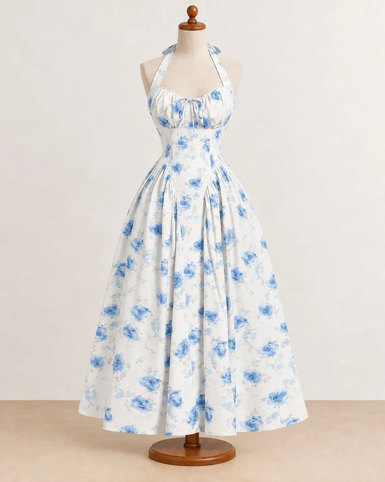 Robe longue à fleurs bleues, sur mannequin