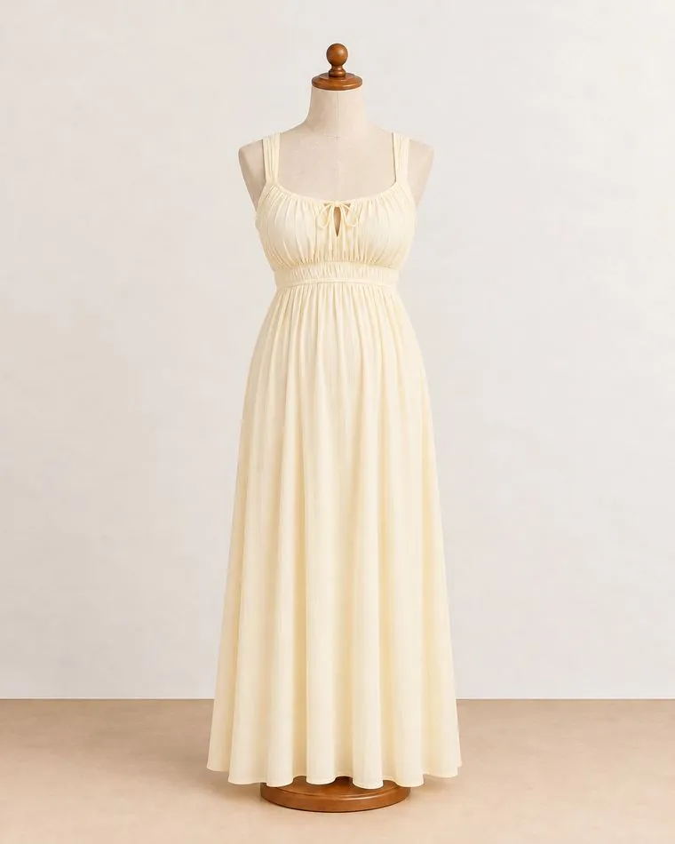 Robe longue ivoire à bretelles, sur mannequin