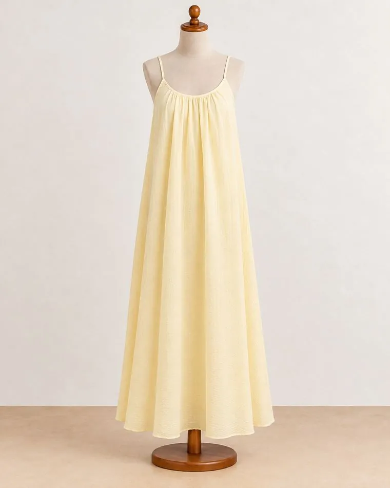 Robe longue jaune pâle, sur mannequin
