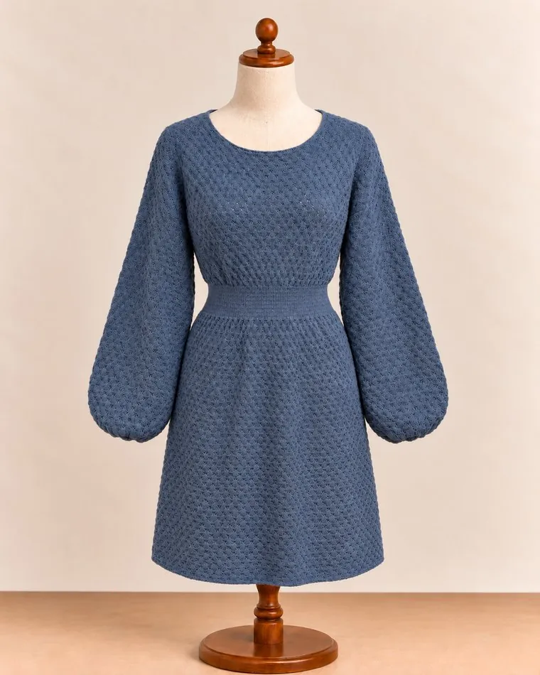 Robe en maille bleue à manches bouffantes, sur mannequin