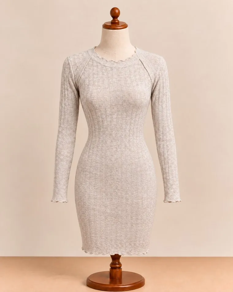 Robe pull côtelée beige, sur mannequin