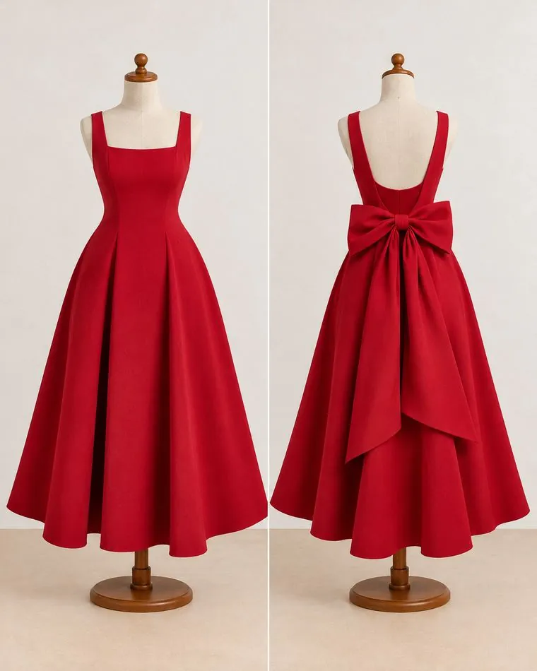 Robe rouge au grand nœud, sur mannequin