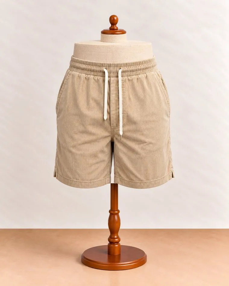 Short beige à cordon, sur mannequin